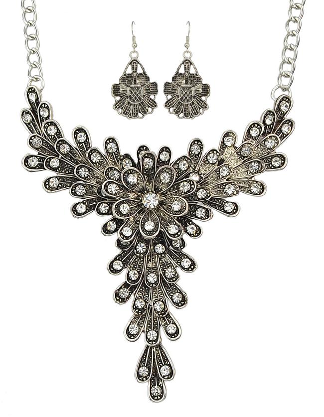 Romwe Vintage Style Atsilver Rhinestone Flower Pendant Necklace Drop Earrings Indian Jewelry Set
