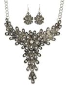 Romwe Vintage Style Atsilver Rhinestone Flower Pendant Necklace Drop Earrings Indian Jewelry Set