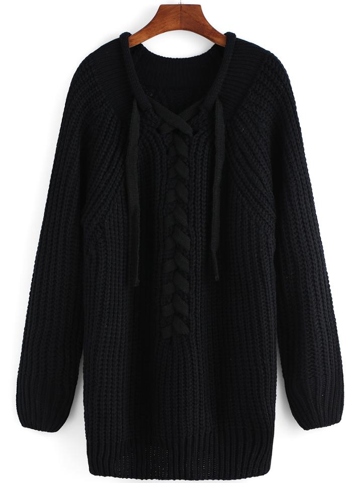 Romwe Long Sleeve Lace Up Black Sweater