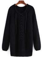 Romwe Long Sleeve Lace Up Black Sweater