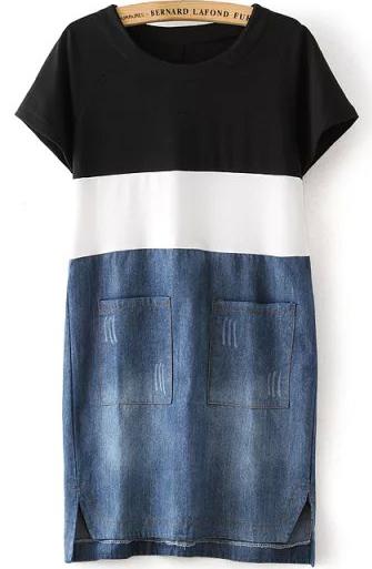 Romwe Contrast Denim With Pockets Black Dress
