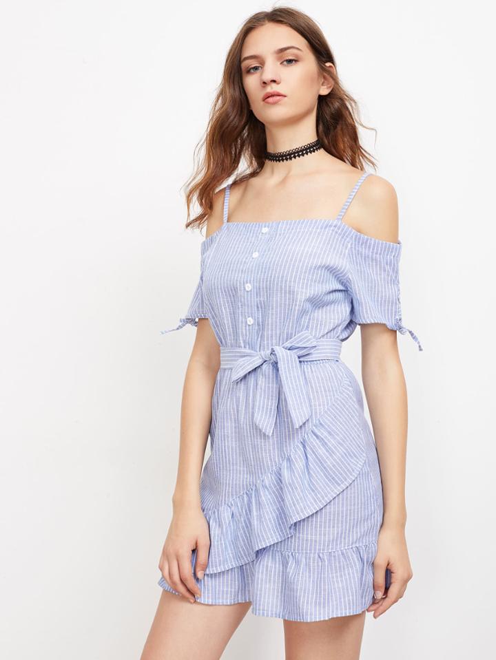 Romwe Cold Shoulder Pinstripe Tiered Frill Hem Dress With Belt