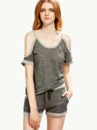 Romwe Green Marled Knit Cold Shoulder Top With Shorts