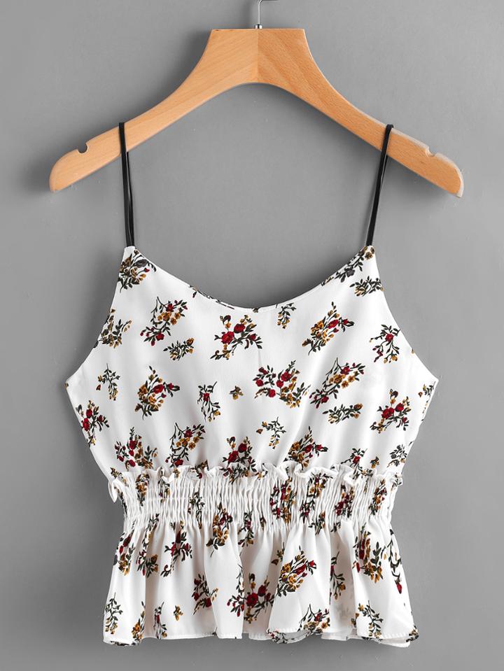 Romwe Ditsy Print Shirred Waist Cami Top