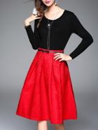 Romwe Black Knit Top With Belted Jacquard Skirt