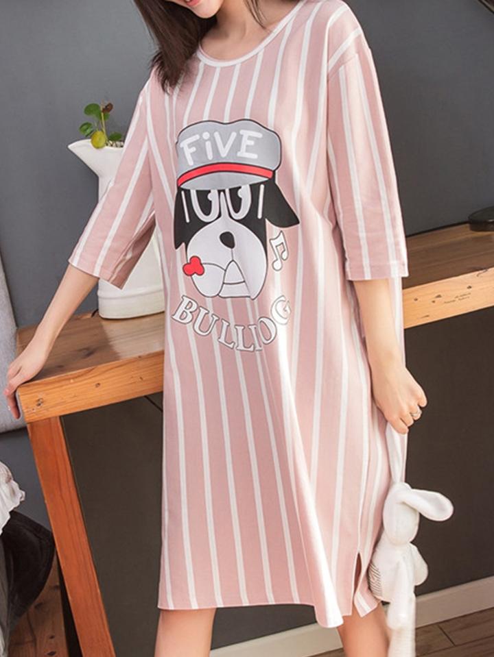 Romwe Dog Print Striped Dress