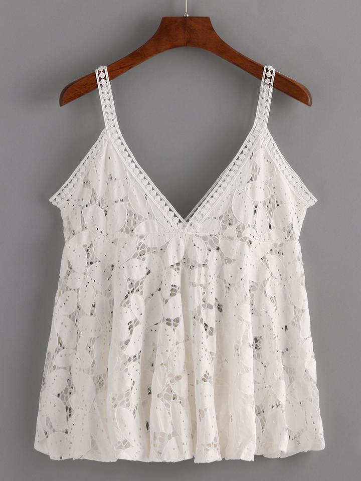 Romwe Hollow Out Flower Lace Cami Top - White