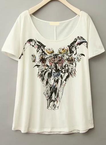 Romwe Cow Pattern Print White T-shirt