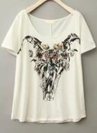 Romwe Cow Pattern Print White T-shirt
