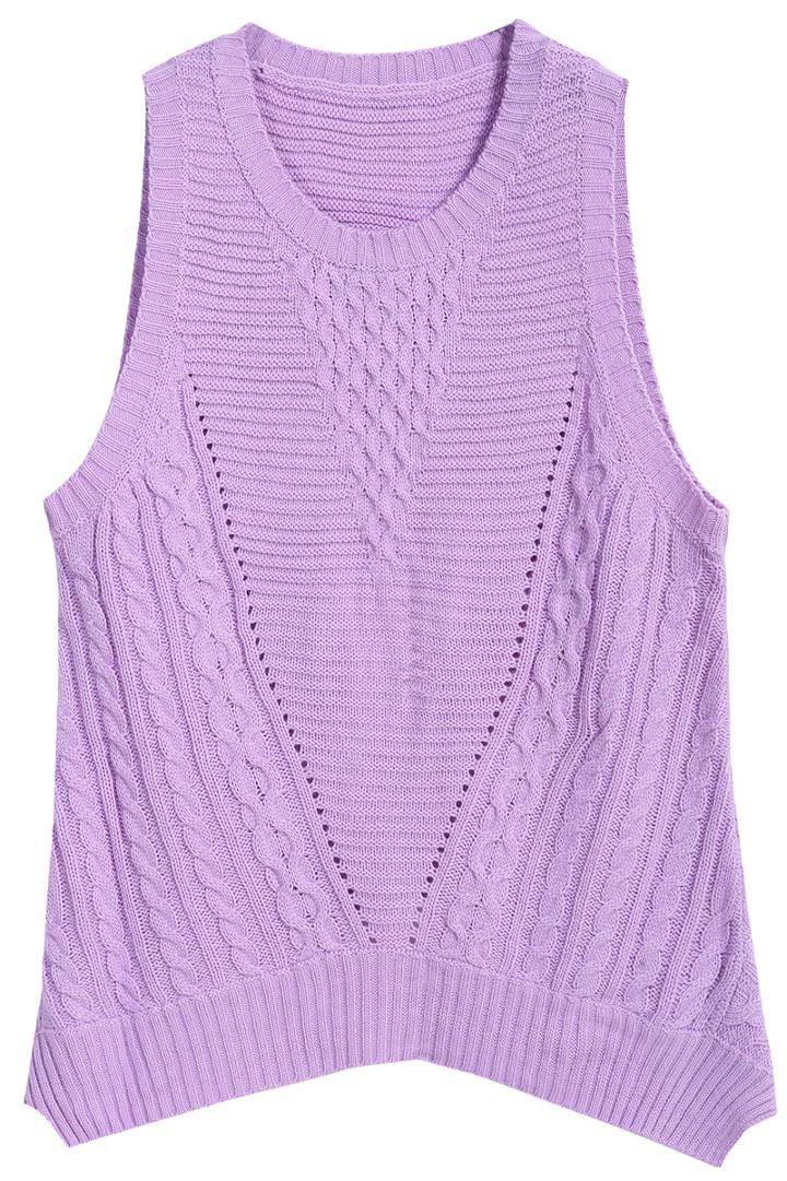 Romwe Sleeveless Cable Knit Purple Sweater