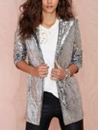 Romwe Women Silver Sequin Boyfriend Suit Coat