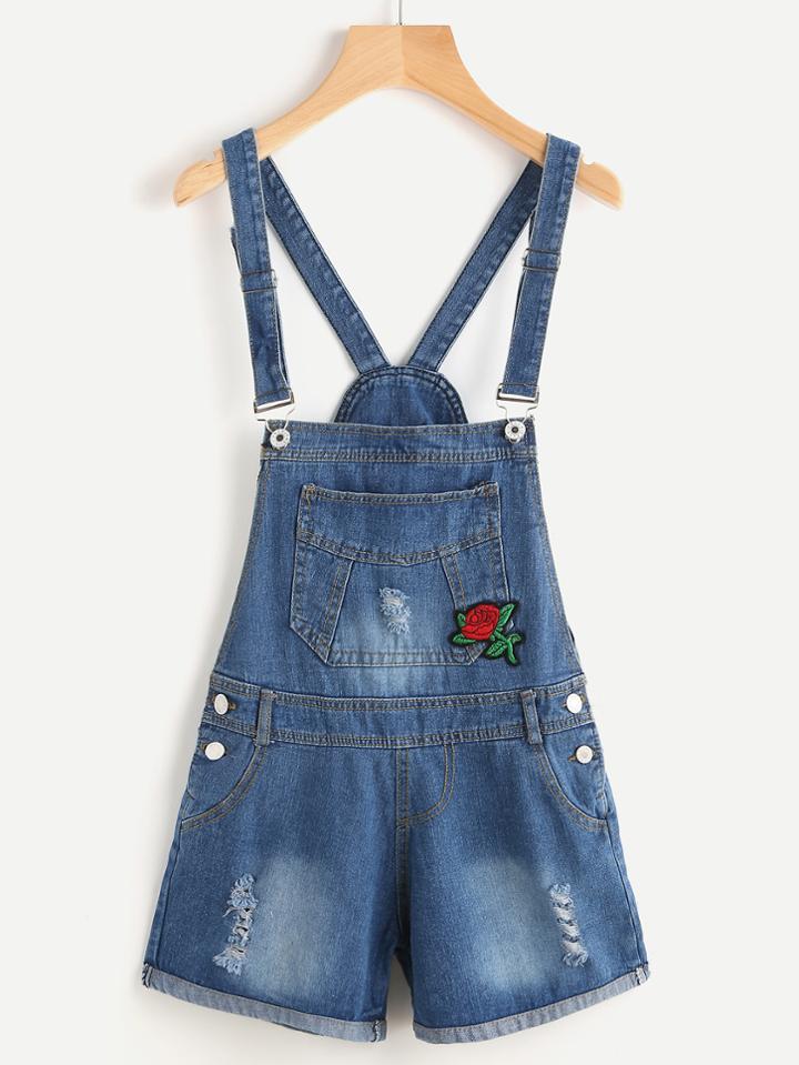 Romwe Ripped Applique Rolled Denim Overall Shorts