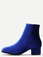 Romwe Blue Velvet Side Zipper Chunky Heel Booties