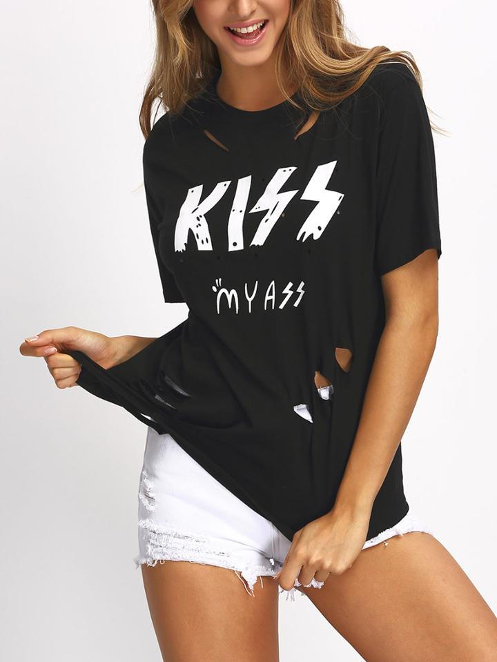Romwe Cutout Printed T-shirt