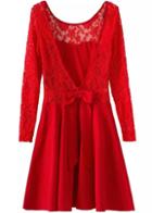 Romwe Back Deep V With Bow Lace Red Dress