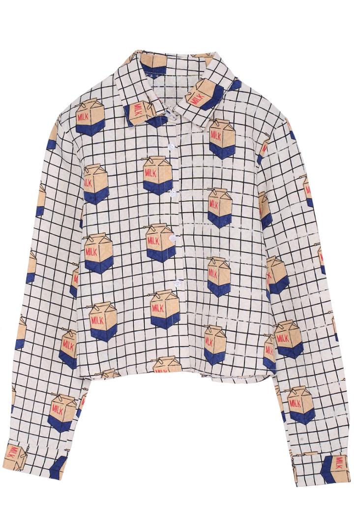 Romwe Plaid Milk Cartons Print Crop White Shirt