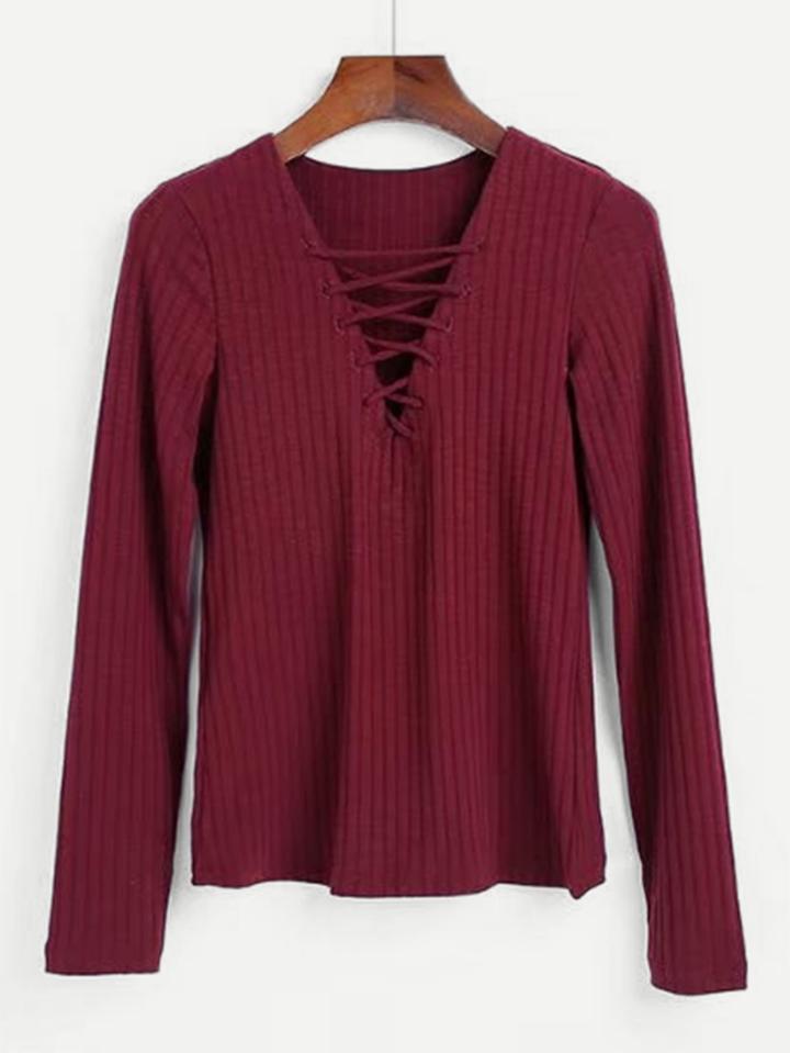 Romwe Lace Up V Neck Rib Top
