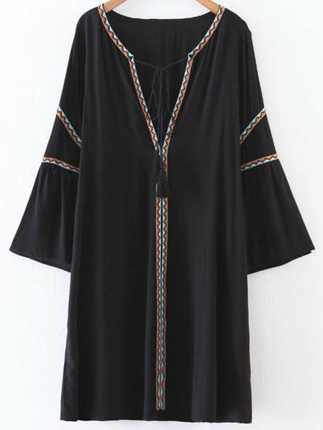 Romwe Black Embroidery V Neck Tassel Tie Dress