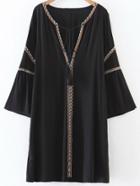 Romwe Black Embroidery V Neck Tassel Tie Dress