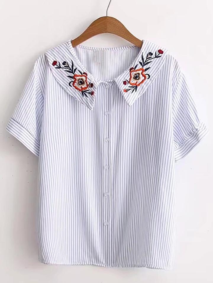 Romwe Vertical Striped Flower Embroidery Blouse