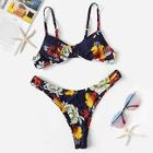 Romwe Floral Underwire Top With High Cut Bikini Set