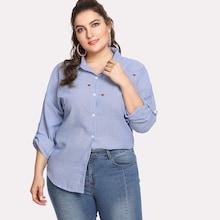 Romwe Plus Heart Embroidery Pinstripe Dolphin Hem Shirt