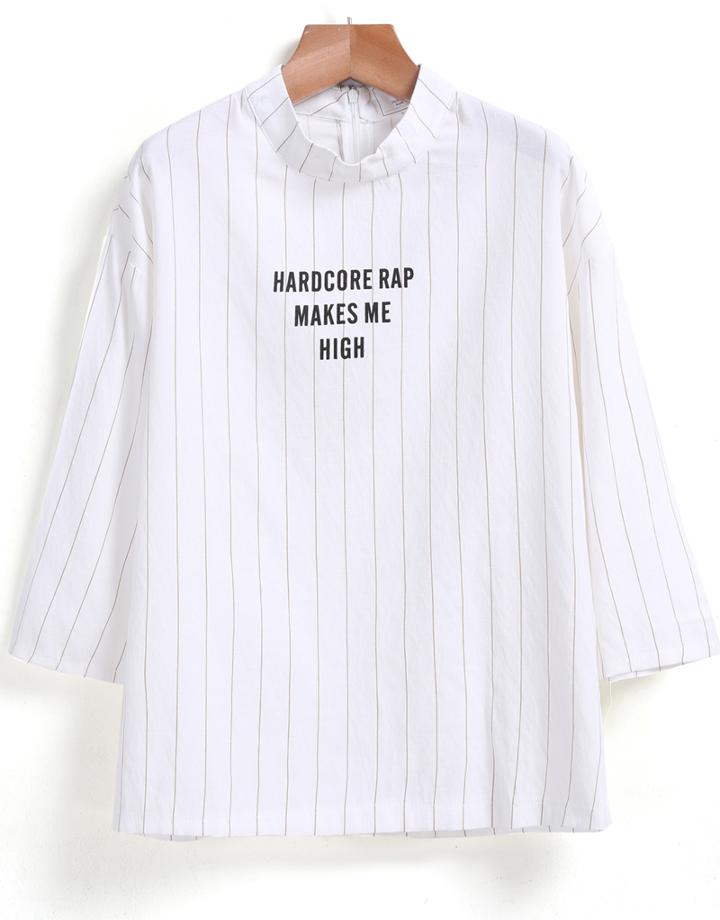 Romwe With Zipper Vertical Striped Letter Print Blouse