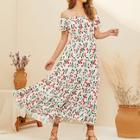 Romwe Off Shoulder Fit & Flare Allover Cherry Print Dress
