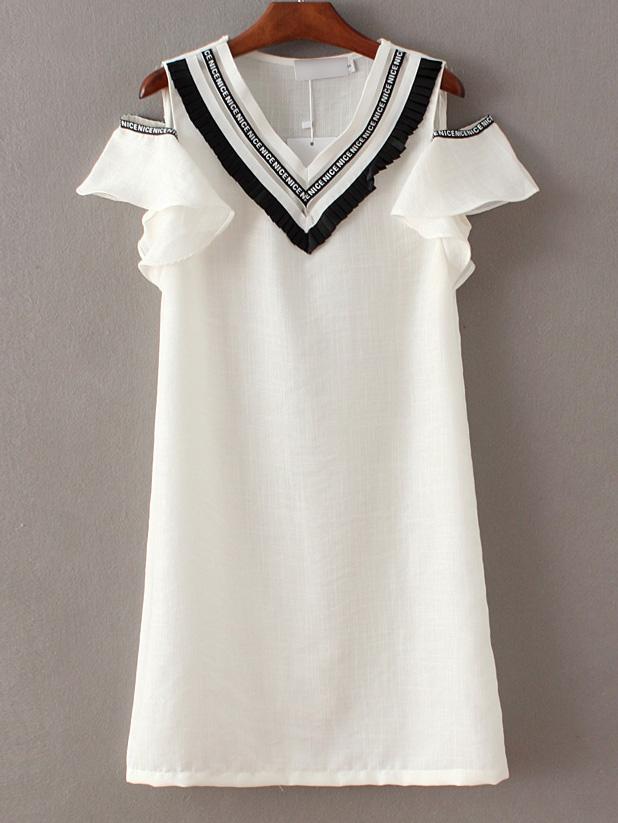 Romwe White V Neck Cold Shoulder Ruffle A-line Dress