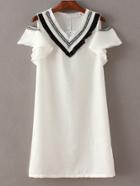 Romwe White V Neck Cold Shoulder Ruffle A-line Dress