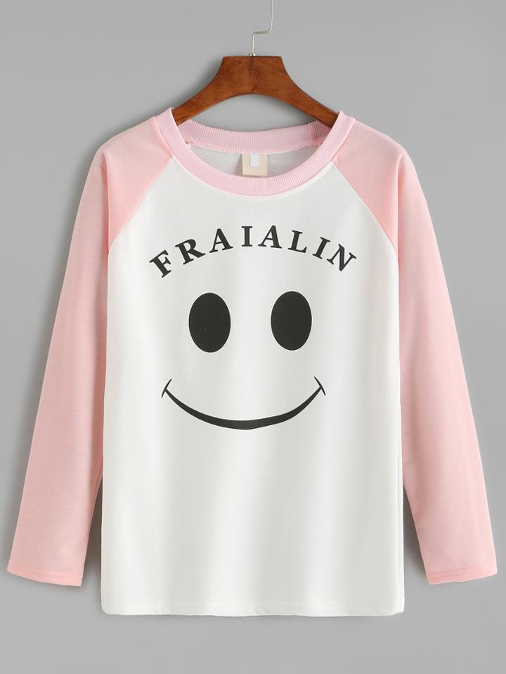 Romwe Color Block Smile Print Raglan Sleeve T-shirt