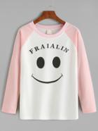 Romwe Color Block Smile Print Raglan Sleeve T-shirt