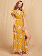 Romwe Flutter Sleeve Crisscross Back Surplice Wrap Botanical Dress