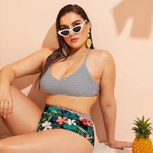 Romwe Plus Striped Top With Tropical High Waist Bikini
