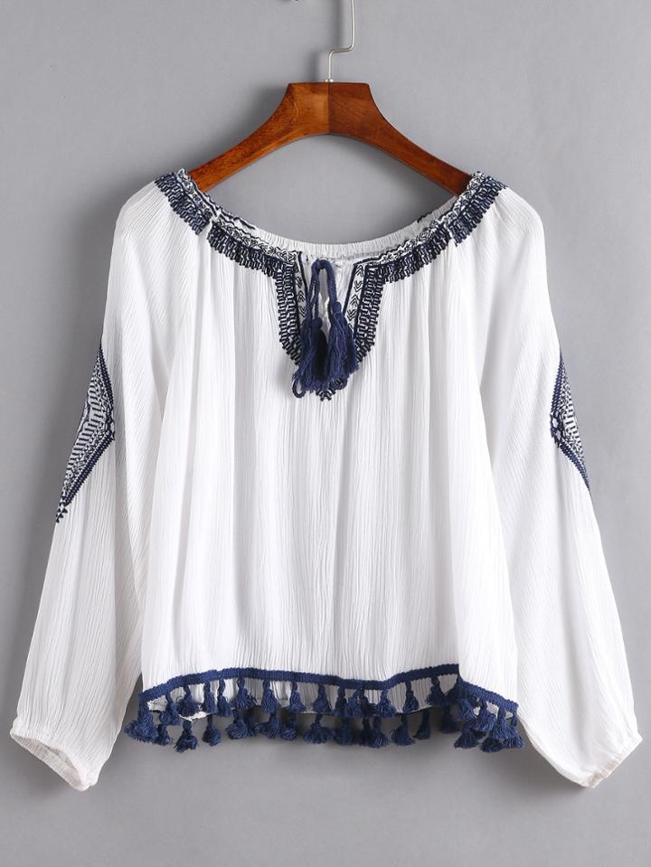 Romwe White Lace Up Fringe Embroidered Blouse