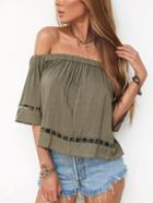 Romwe Off-the-shoulder Eyelet Lace Insert Top - Olive Green