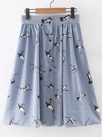 Romwe Blue And White Single Breasted Birds Printed Skirt
