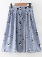 Romwe Blue And White Single Breasted Birds Printed Skirt