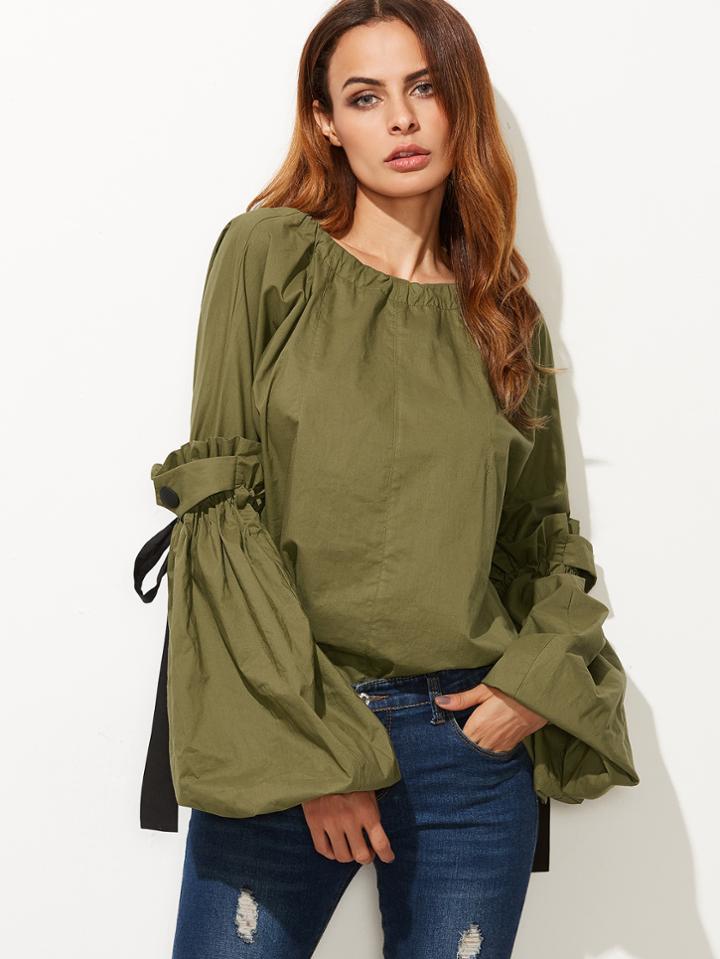 Romwe Olive Green Contrast Drawstring Detail Lantern Sleeve Blouse