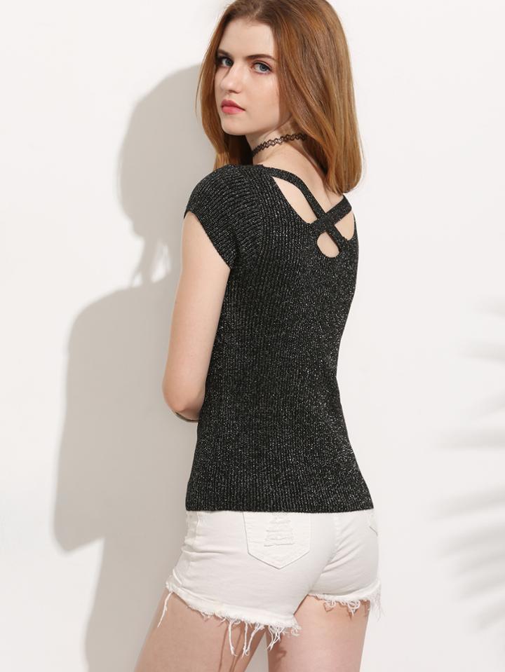 Romwe Black Lattice Back Ribbed Glitter Sweater