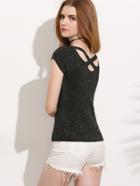 Romwe Black Lattice Back Ribbed Glitter Sweater