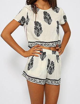 Romwe White Short Sleeve Black Floral Crop Top With Shorts