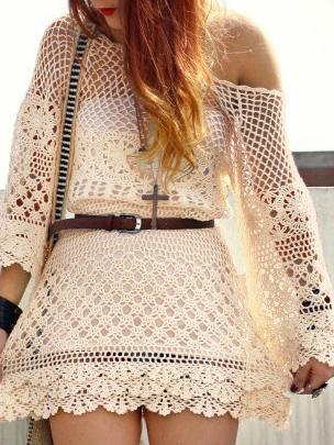 Romwe Hollow Out 3/4 Sleeve Crochet Dress