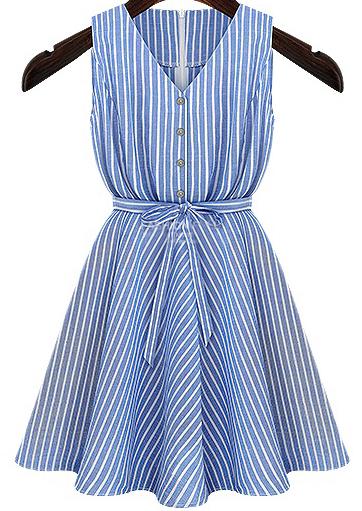Romwe V Neck Belt Striped Dress