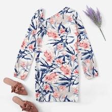 Romwe Floral Print Asymmetrical Neck Dress