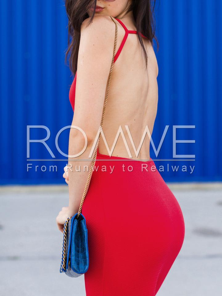 Romwe Red Spaghetti Strap Backless Sheath Dress