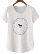 Romwe Grey Letter Elk Print Casual T-shirt