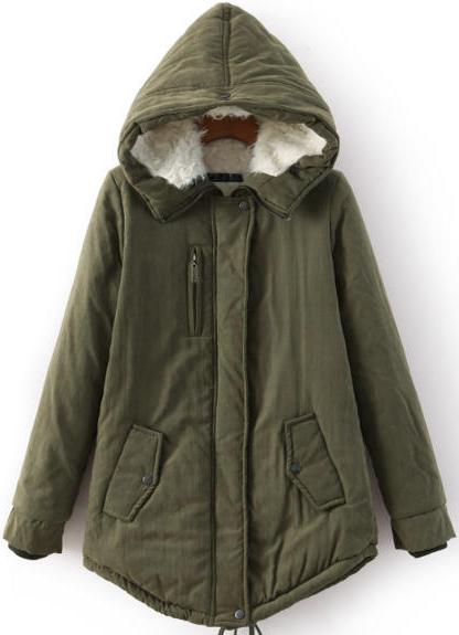 Romwe Hooded Zipper Loose Army Green Coat