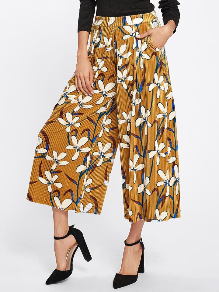 Romwe Floral Print Ribbed Velvet Wide Leg Pants