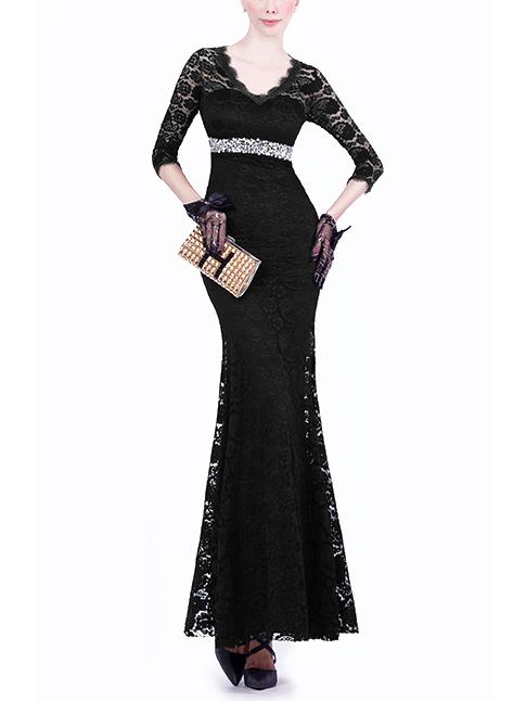 Romwe V Neck Lace Mermaid Maxi Black Dress